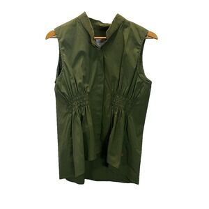 Noble 31 Olive Green crisp Poplin‎ sleeveless smocked waist peplum top sz MD